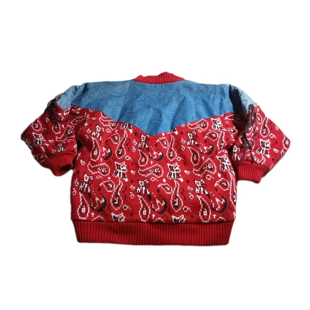 Vtg 70s 80s Sheplers Denim Sweater Jacket Sz L Knit Heavy Lined Western Fringe